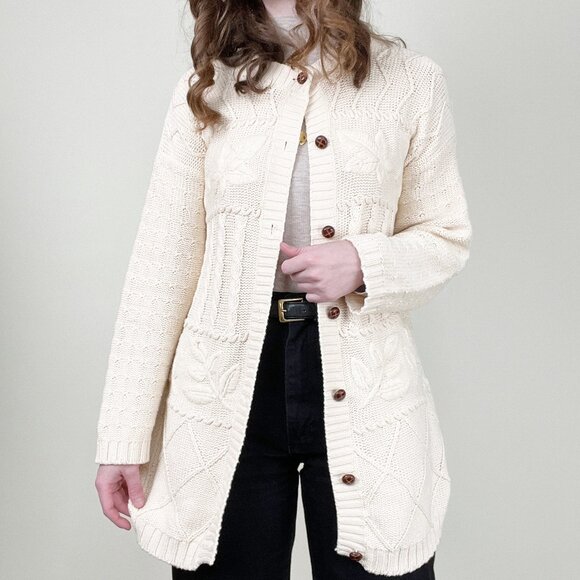 Vintage Cable Knit Embroidered Cardigan Sweater Duster Long Rustic Preppy Boho - Picture 3 of 5